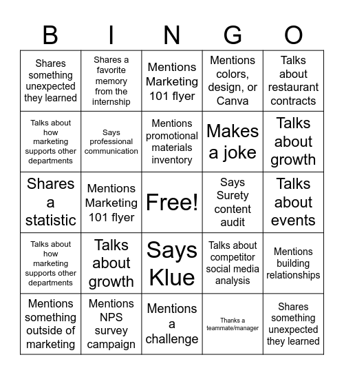 Internship Presentation Bingo Card