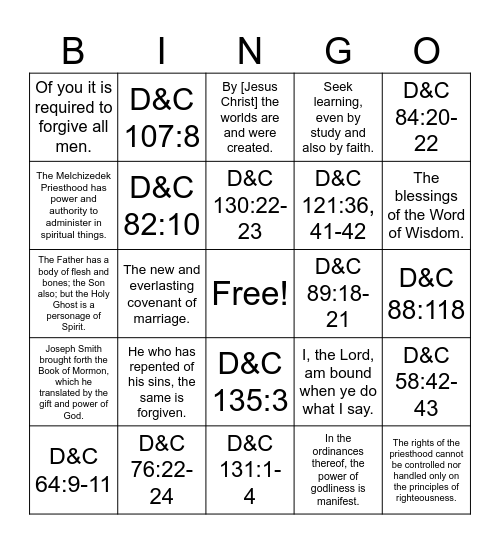 Doctrine & Covenants Part 2 Bingo Card