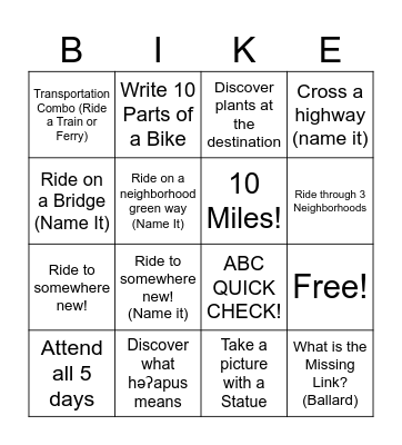 Bike Bingo Card