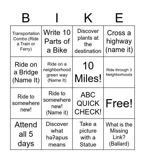 Bike Bingo Card