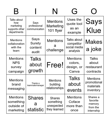 Internship Presentation Bingo Card