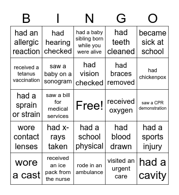 Healthcare Experiences Bingo Card