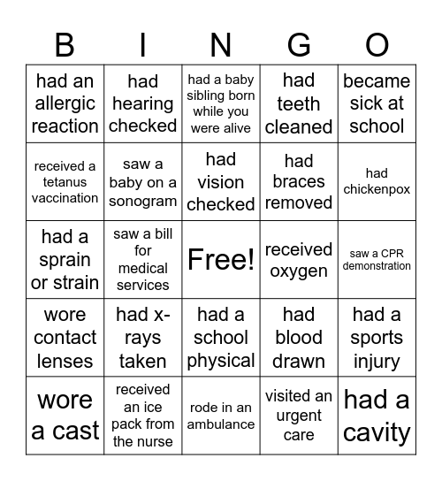 Healthcare Experiences Bingo Card