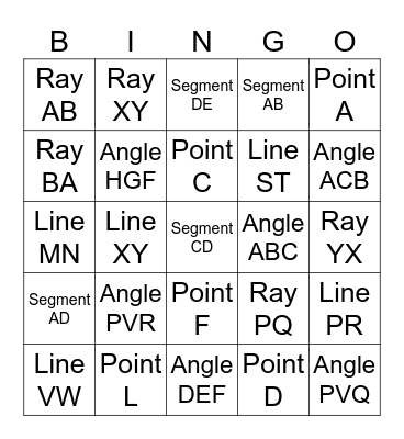 Points, Segments, Rays, Lines, and Planes Bingo Card