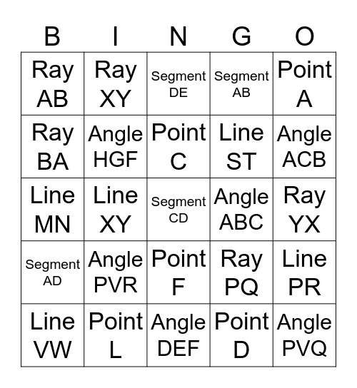 Points, Segments, Rays, Lines, and Planes Bingo Card