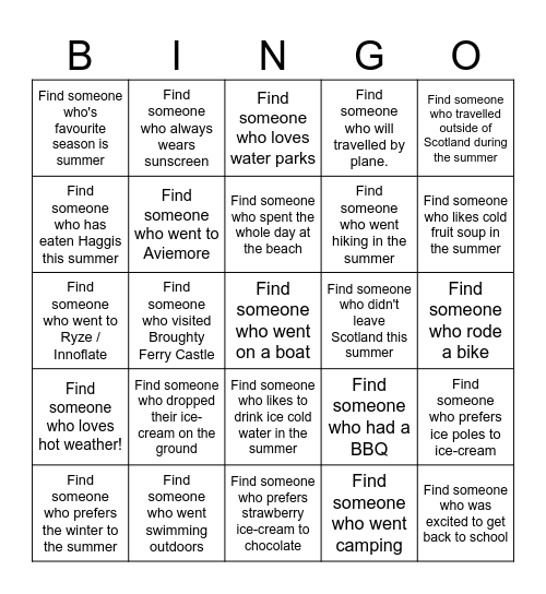 Find Someone Who - Summer Edition Bingo Card