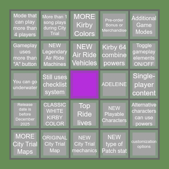 Kirby Air Riders Bingo Card