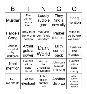 Malevolent Season 6 Bingo Card
