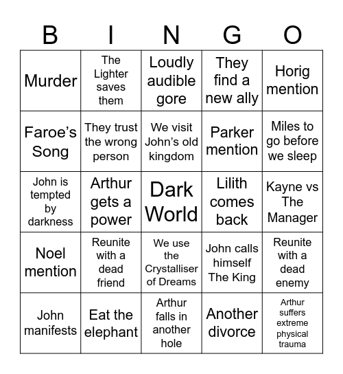 Malevolent Season 6 Bingo Card