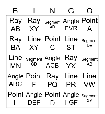 Points, Segments, Rays, Lines, and Planes Bingo Card