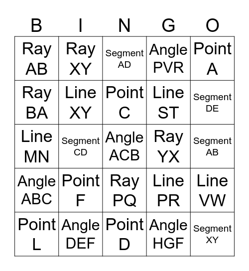 Points, Segments, Rays, Lines, and Planes Bingo Card