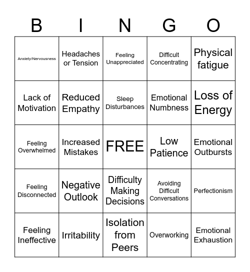 Compassion Fatigue Bingo Card