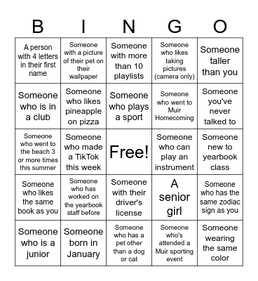 Yearbook Bingo Card