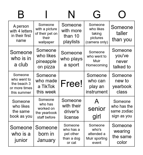 Yearbook Bingo Card