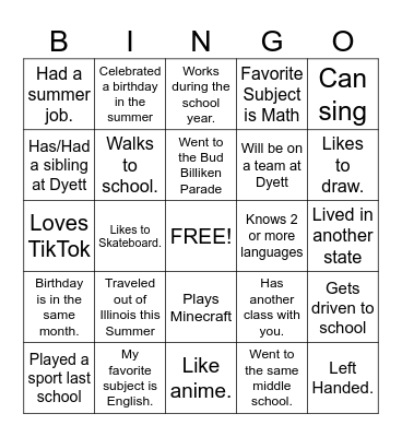 First Day of School Bingo Card