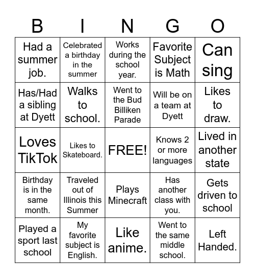 First Day of School Bingo Card