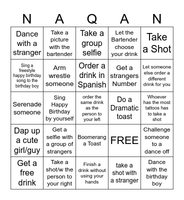 NaQuan's Birthday Bar Crawl Bingo Card