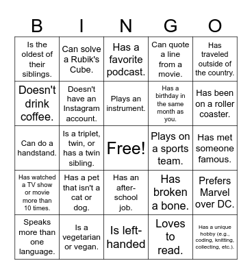 Getting to Know You Bingo Card