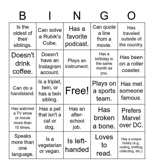 Getting to Know You Bingo Card