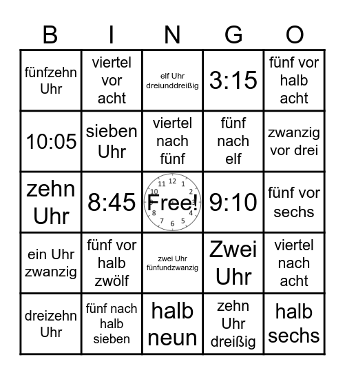Deutsch A1 Uhrzeiten Bingo Card