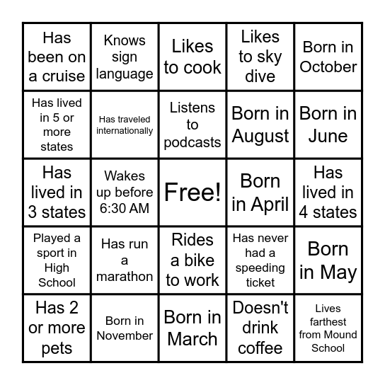 Coworker Team Building Bingo Card