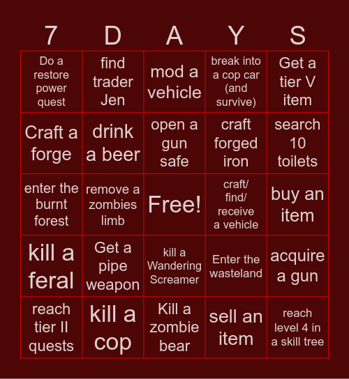 7 Days To Die Early Game Bing Bingo Card