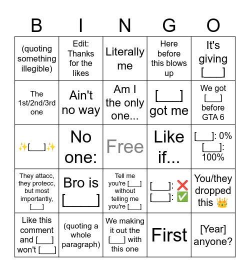 YouTube Comments Bingo Card Bingo Card
