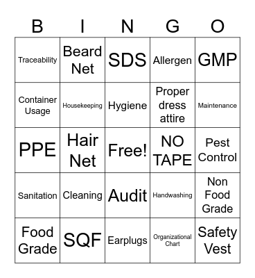 SQF/GMP Bingo Card