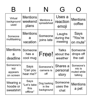 Miller Team Meeting BINGO Card
