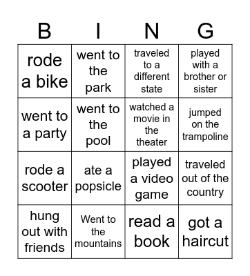My Summer Bingo Card