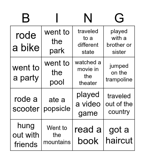 My Summer Bingo Card