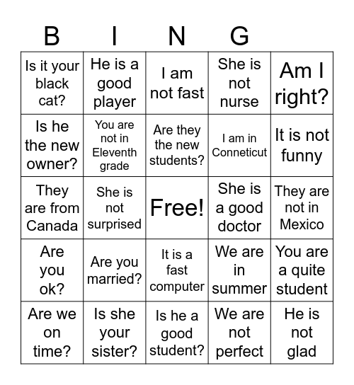 Simple present tense bongo Bingo Card