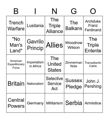 World War I Vocabulary Bingo Card