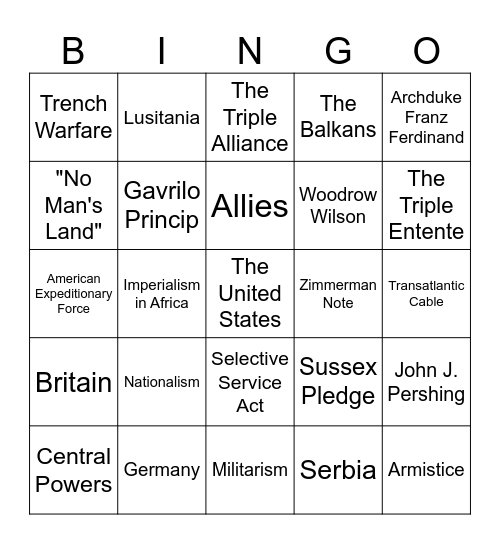 World War I Vocabulary Bingo Card