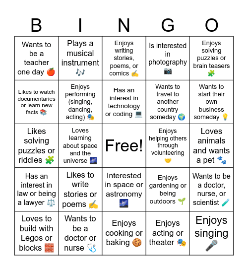 Personal Interest Bingo Card
