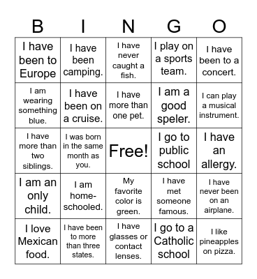 People Facts Bingo Card