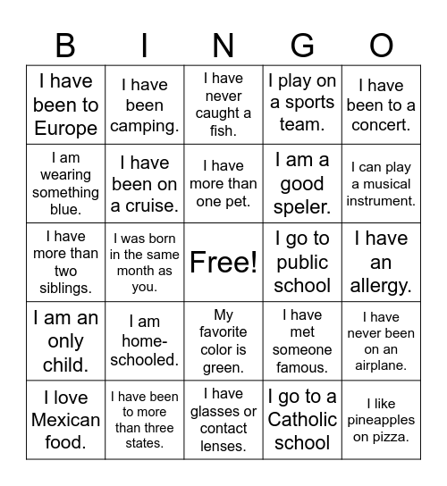 People Facts Bingo Card
