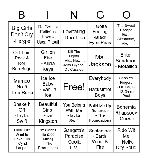 Musical Bingo Card