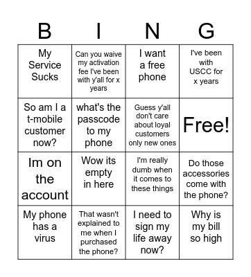 T-Mo Bingo Card