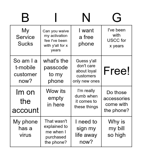 T-Mo Bingo Card