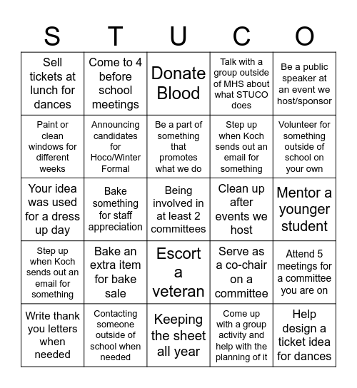 STUCO BIngo Sheet Bingo Card