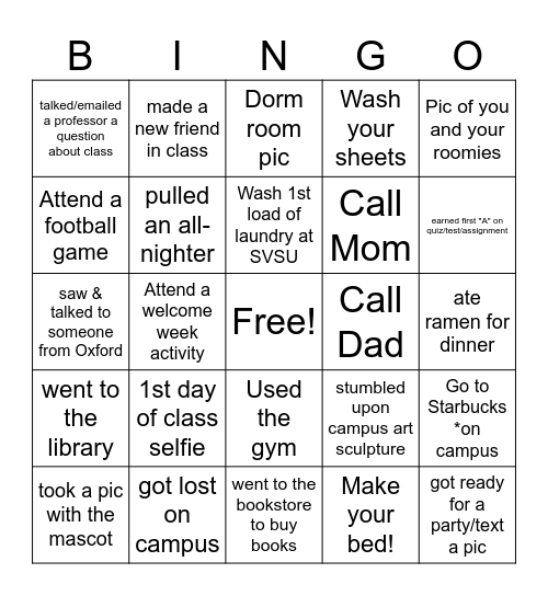 Freshman BINGO challenge Bingo Card