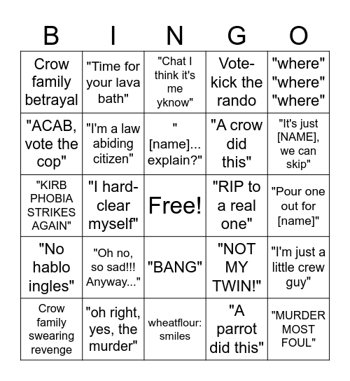 Among Us Meeting Bingo Card