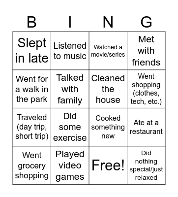 Weekend Bingo Card