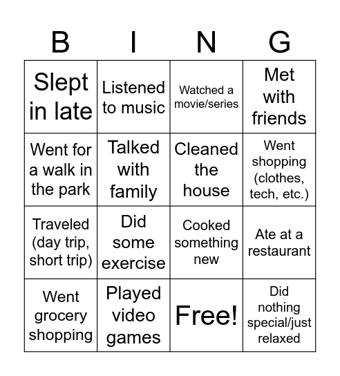 Weekend Bingo Card