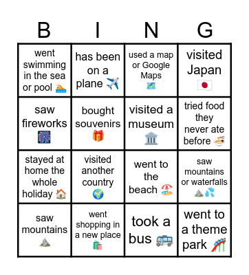Summer Holiday Bingo Card