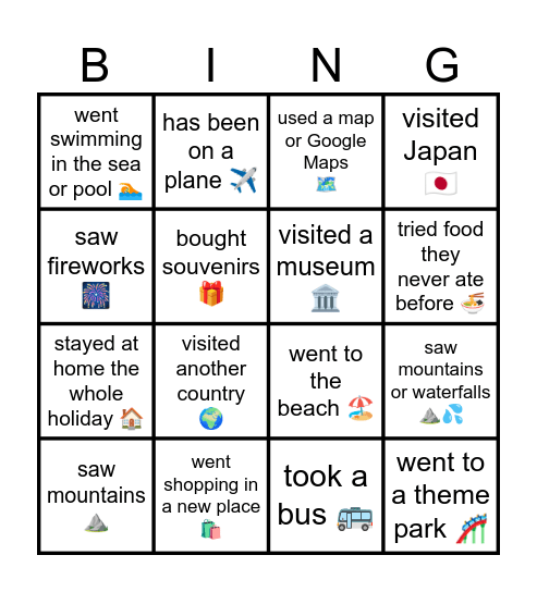 Summer Holiday Bingo Card