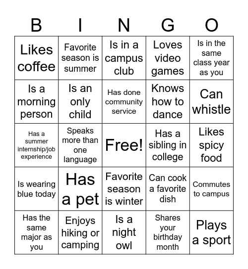 First Day Bingo Card