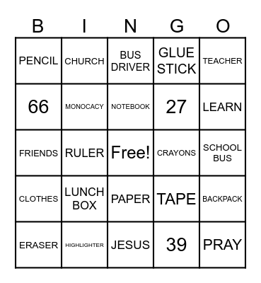 Back to School Bingo Card