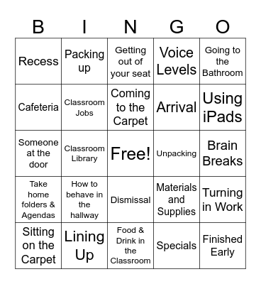 Classroom Procedures Bingo Card